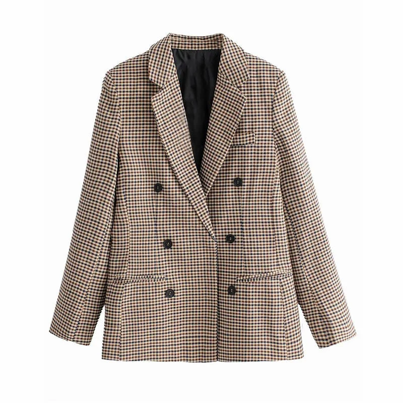 Work Office Lady Suit Slim Double Breasted Business Female Blazer Fashion Autumn Women Plaid Blazers and Jackets Coat Pockets