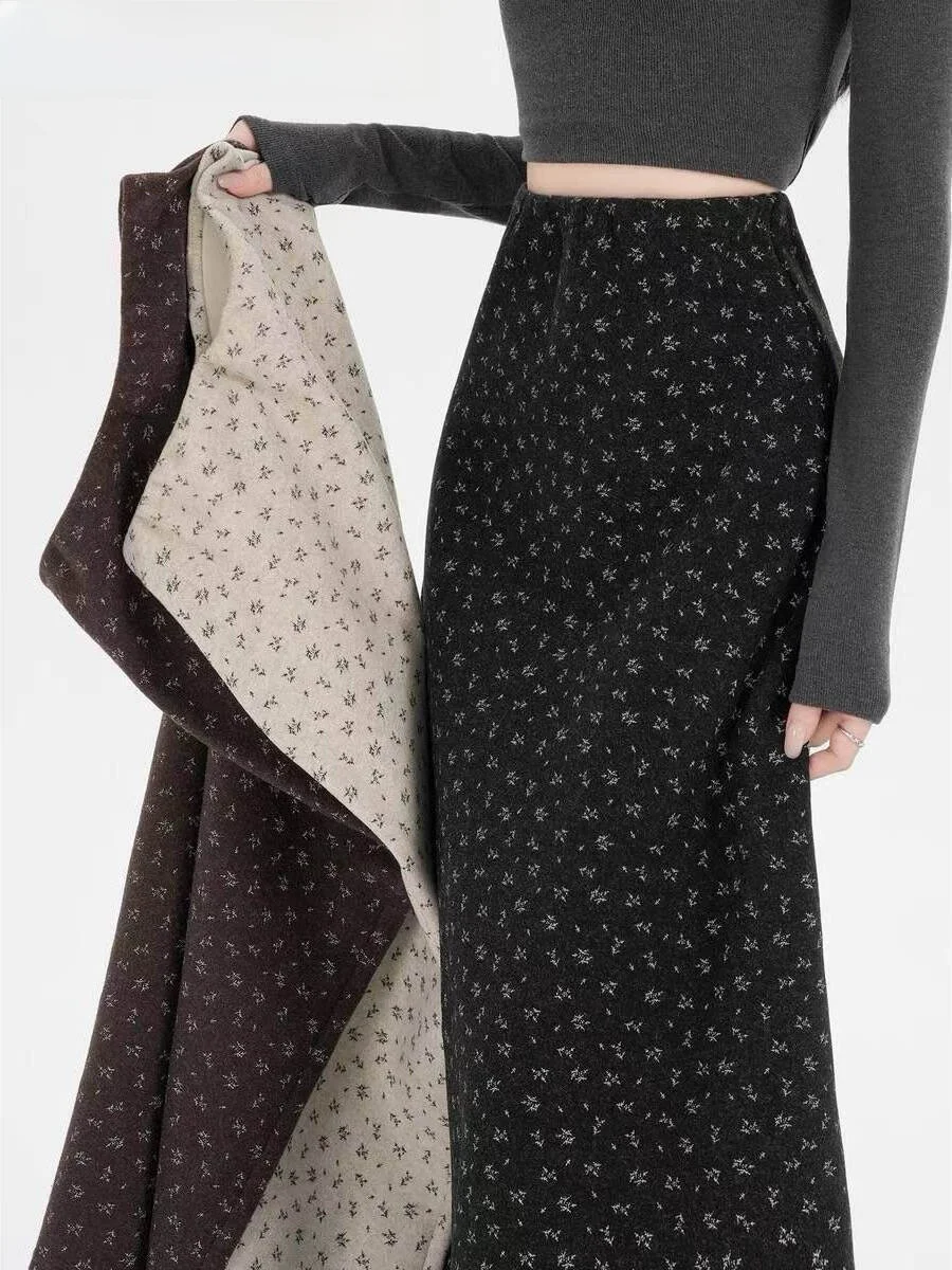 

plus Size Floral Print High Waist Mid-Length Thiened Autumn Winter A-Line Skirt Women's Faion Korean Sle Commute Skirt