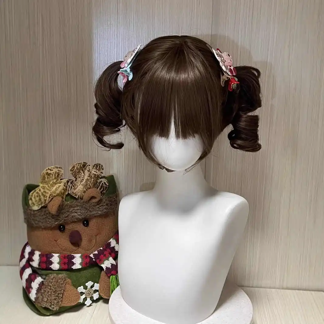 FORLISEE شعر مستعار اصطناعي أنثى قصيرة مجعد لوليتا يوميا فتاة حلوة لطيف مزدوج ذيل حصان الروماني الضفيرة تشكيل الوجه JK غطاء الرأس الكامل #2