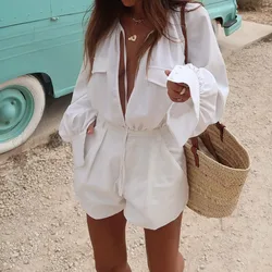 White Cotton Linen Loose Shorts Romper 2024 Summer Long Sleeved Lace Up Casual Women Playsuit Fashion High Street Pocket Romper