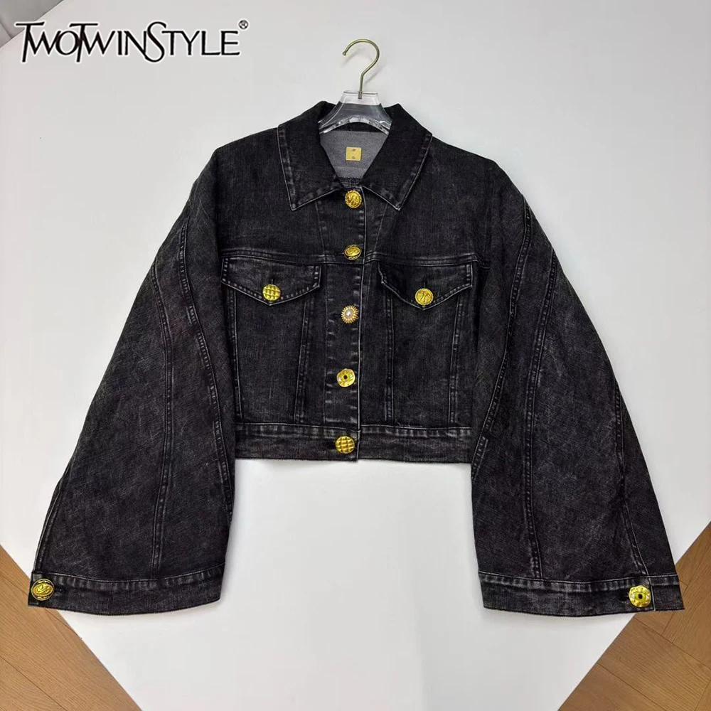 

TWOTWINSTYLE Design Sense Solid Denim Jackets For Women Lapel Long Sleeve Spliced Button Autumn Casual Jacket Female KJA555464