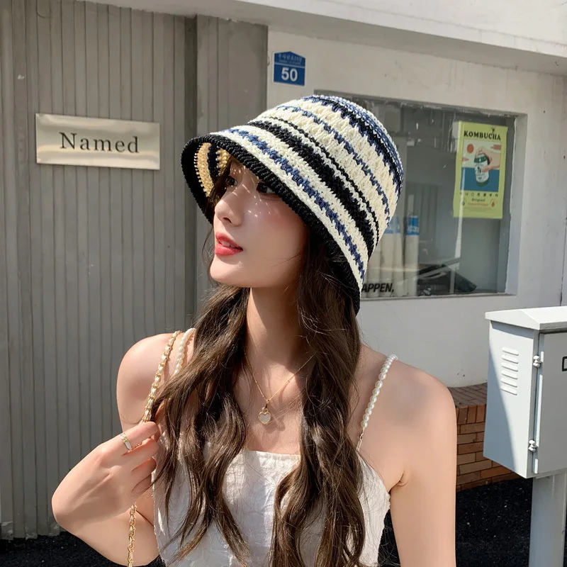 New Colorful Stripe Knitted Bowl Hats for Women\'s Casual Versatile Korean   Decoration Foldable Sun Visor Hat  Bucket Hat