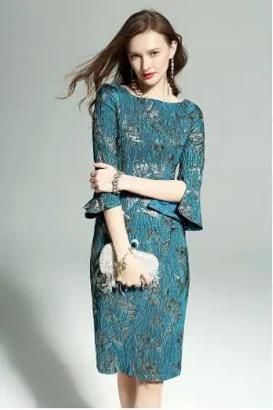 Blue Green Mother of the Bride Dress 3/4 Sleeves Knee Length Golden Jacquard Fashion Women Wedding Guest Party Evening Gown 2021