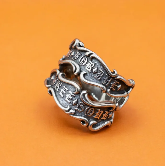 Punk personality jewelry Korean version cool temperament pure silver live mouth Sanskrit ring men's trend retro Thai silver ring