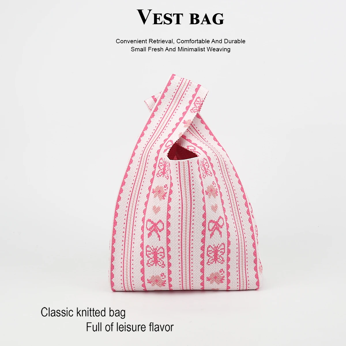 Women's Small Handbag, Pink with Cute Korean-Style Patterns, Lightweight, Foldable, Breathable Knit Fabric, Suitable for Travel, Commuting, Shopping, and Can Be Used to Carry Mobile Phones, Books, and Umbrellas, Suitab