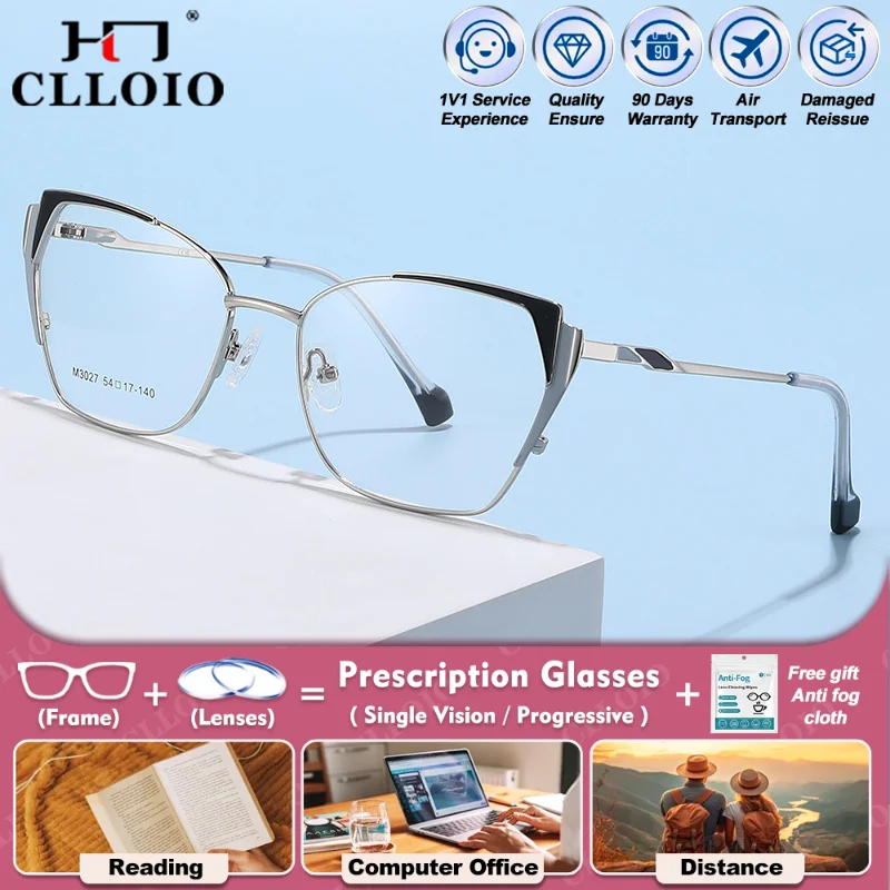 

CLLOIO Lady Trendy Geometric Cat Eye Design Optical Prescription Reading Glasses Women Anti Blue Ray Photochromic Myopia Eyeware