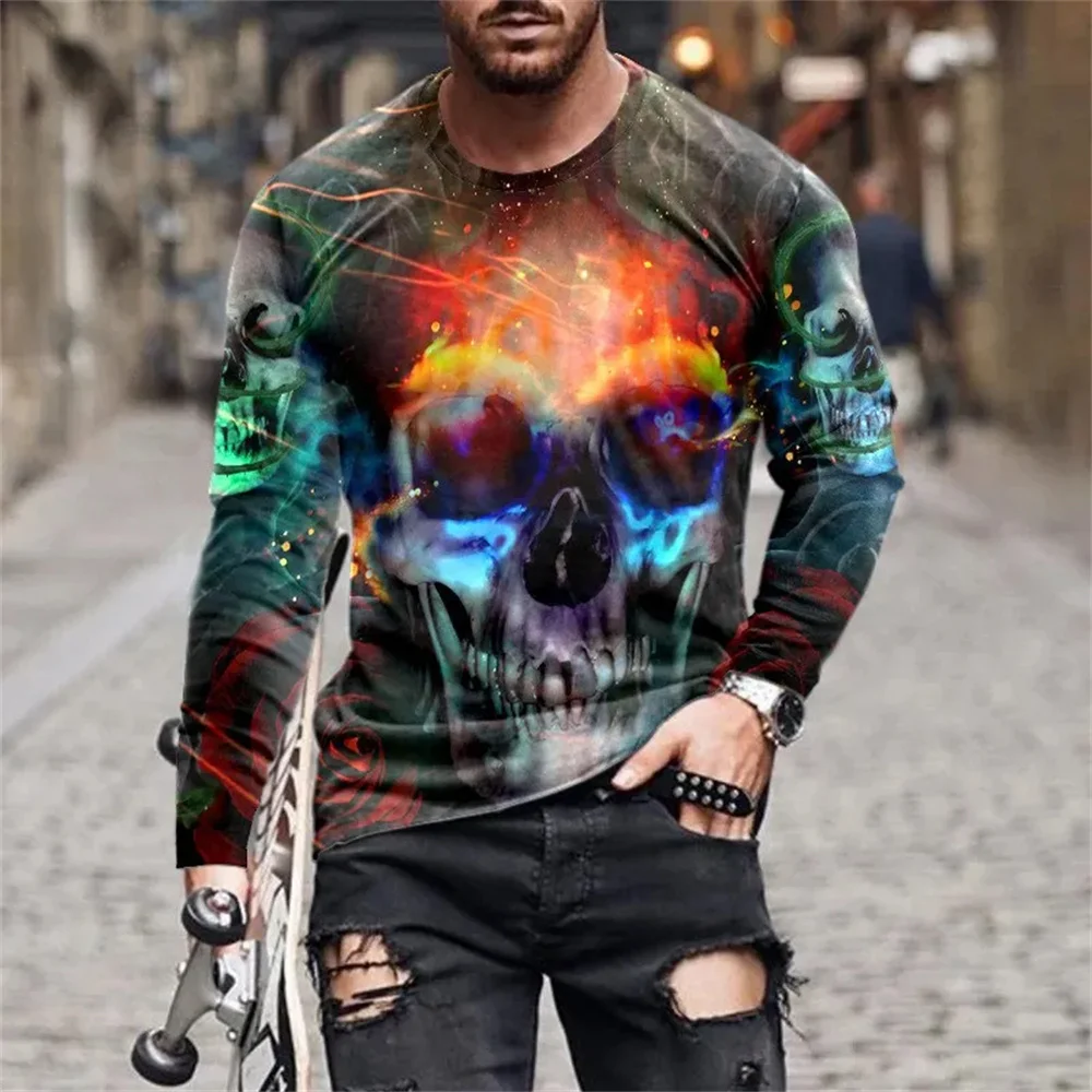 T-Shirts for Men Halloween Cool Skull Print Classic Streetwear O-Neck Graphic T Shirts Tops Sport Running Long Sleeves Clothing