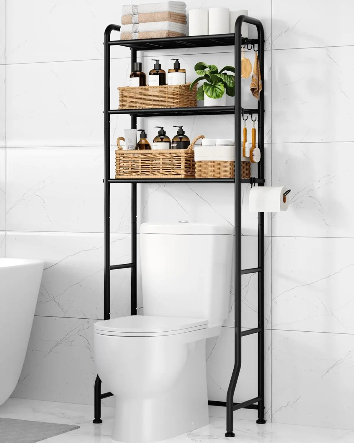 

Over Toilet Storage Rack with Paper Holder and Hooks, 3-Tier Metal Bathroom Organizer Shelf in Black (63.2" H)