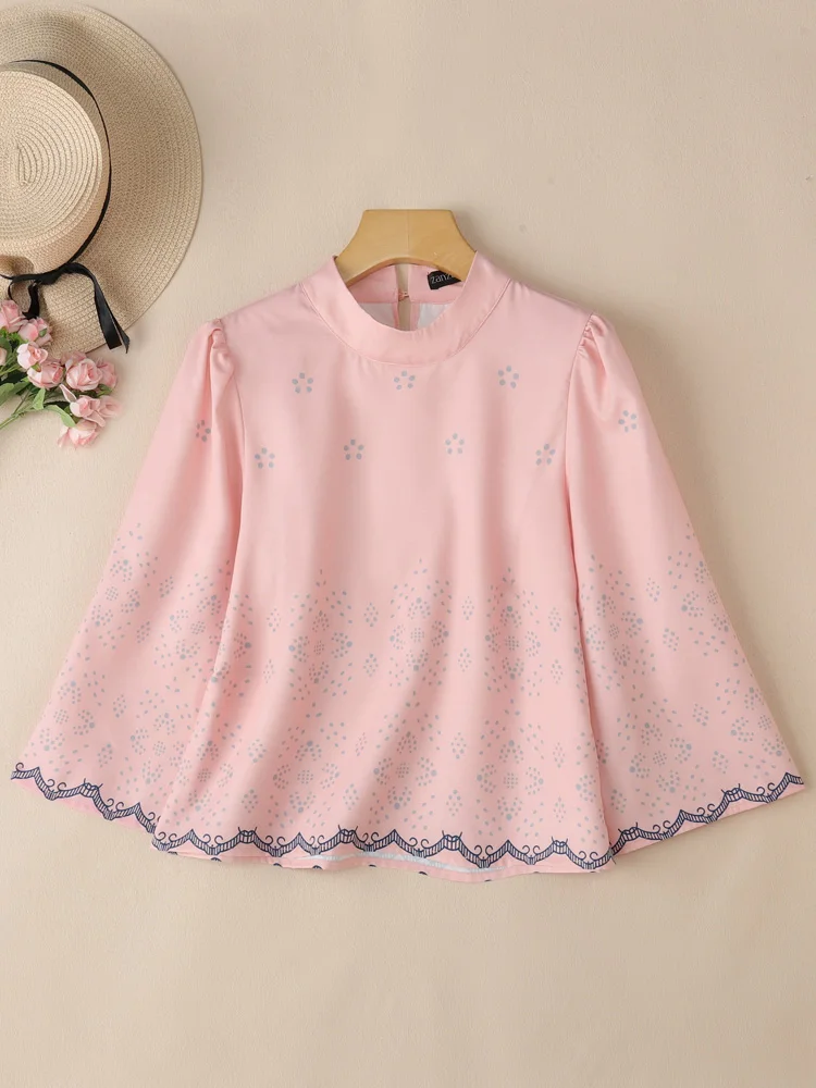 

ZANZEA, женские винтажные блузки с рукавами 3/4, рубашки с принтом, осень 2021, повседневные свободные блузки с воротником-стойкой, модные топы, элегантная туника OL