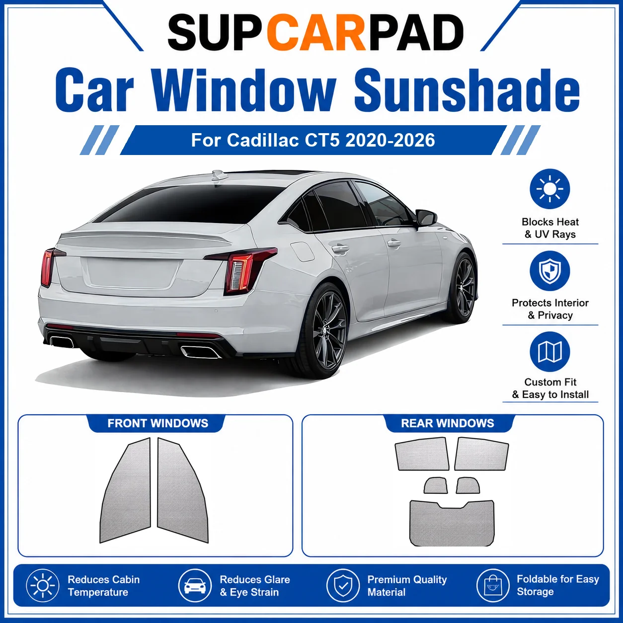 For Cadillac - Cadillac CT5 2020-2026 Full Set Car Window Sunshades UV Block Privacy Heat Insulated Foldable Car Curtain