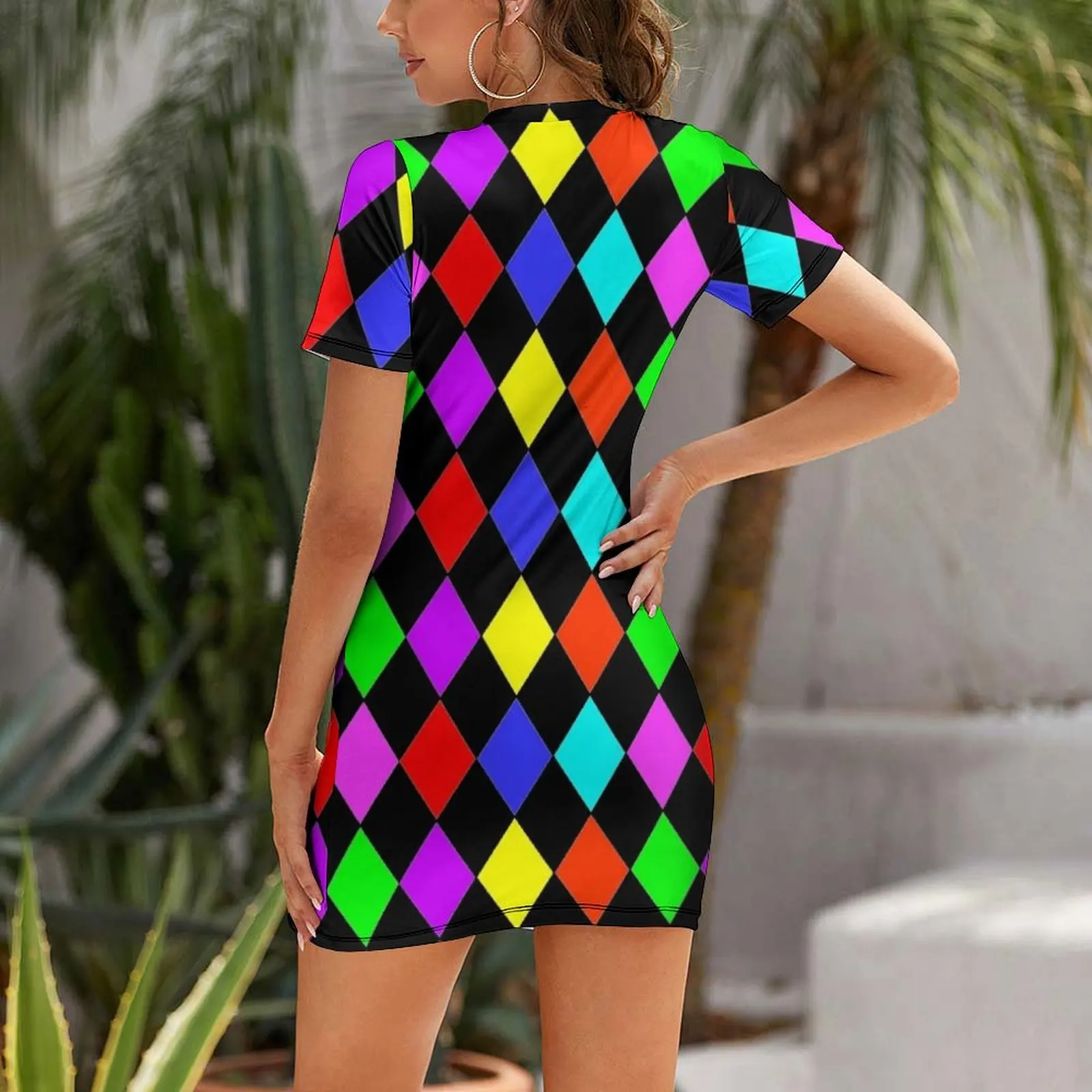 MULTICOLOUR HARLEQUIN WITH PINK RED GREEN BLUE BLACK RED PURPLE AND YELLOW Short Sleeved Dress