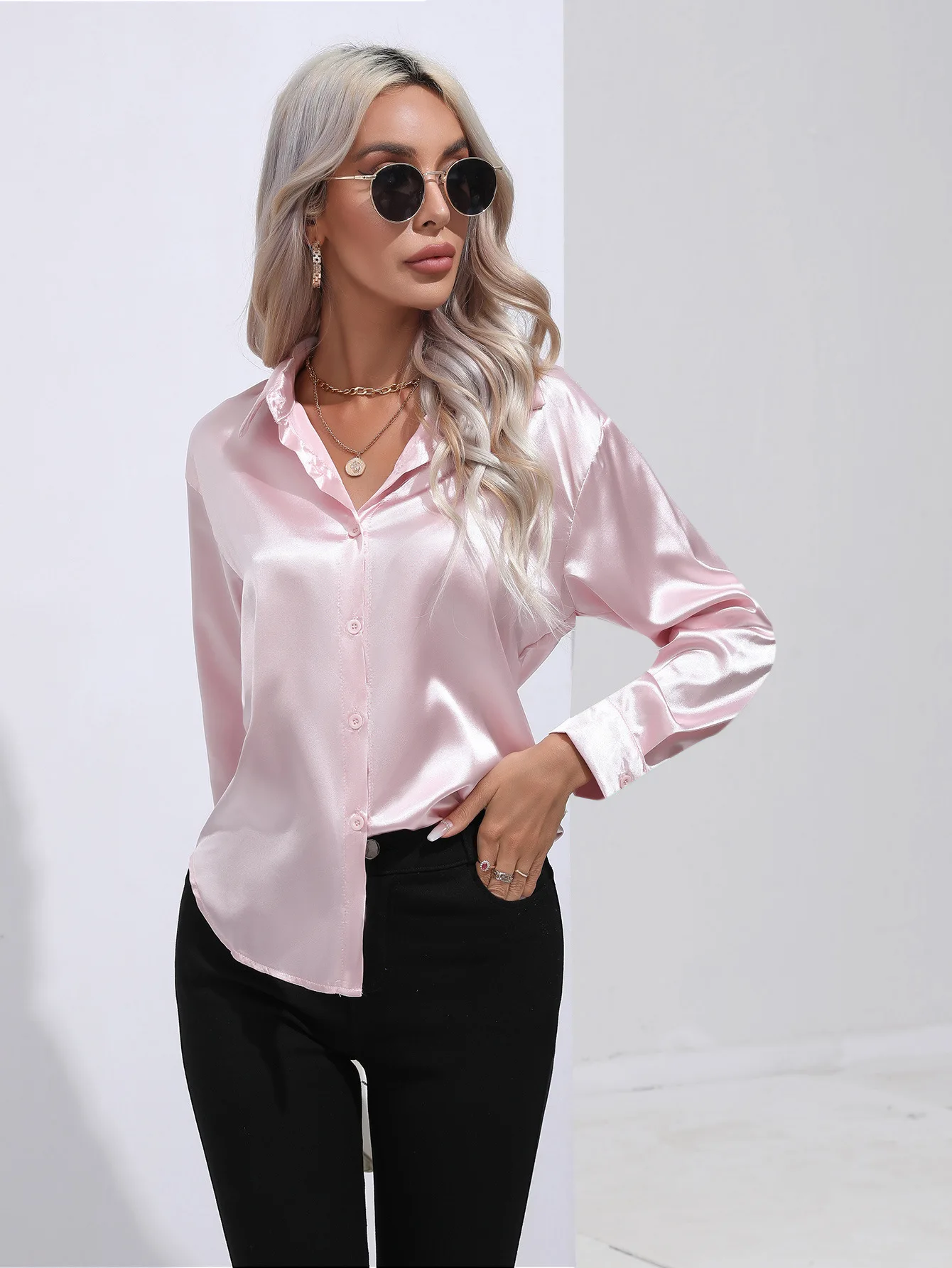 Satin Women Shirt Long Sleeve Solid Blouse Casual Autumn Winter Lapel Clothes Fashion Office Ladies Tops