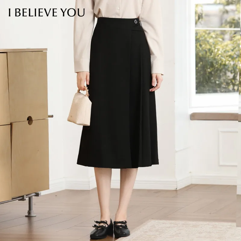 I BELIEVE YOU Women's Black High Waist A-Line Midi Skirt 2026 Autumn Wrinkle Resistant Elegant Commuter Long Skirt 2263026555