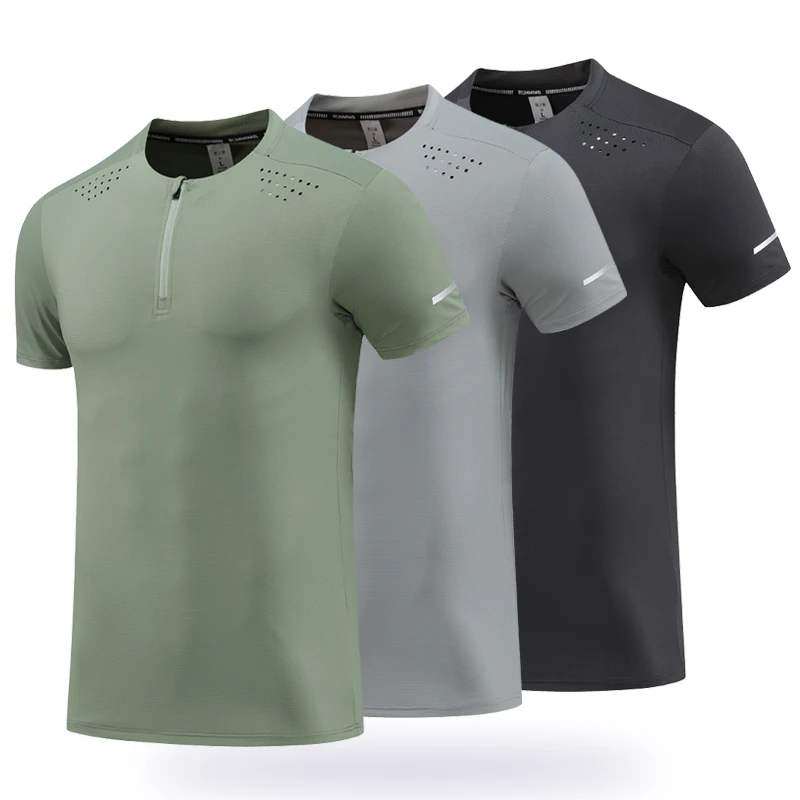 (M-3XL)Men Stand Collar Half Zip Ice Silk Quick Dry Sport T-Shirt Men Solid Color Slim Exercise Training Gym Fitness Tops