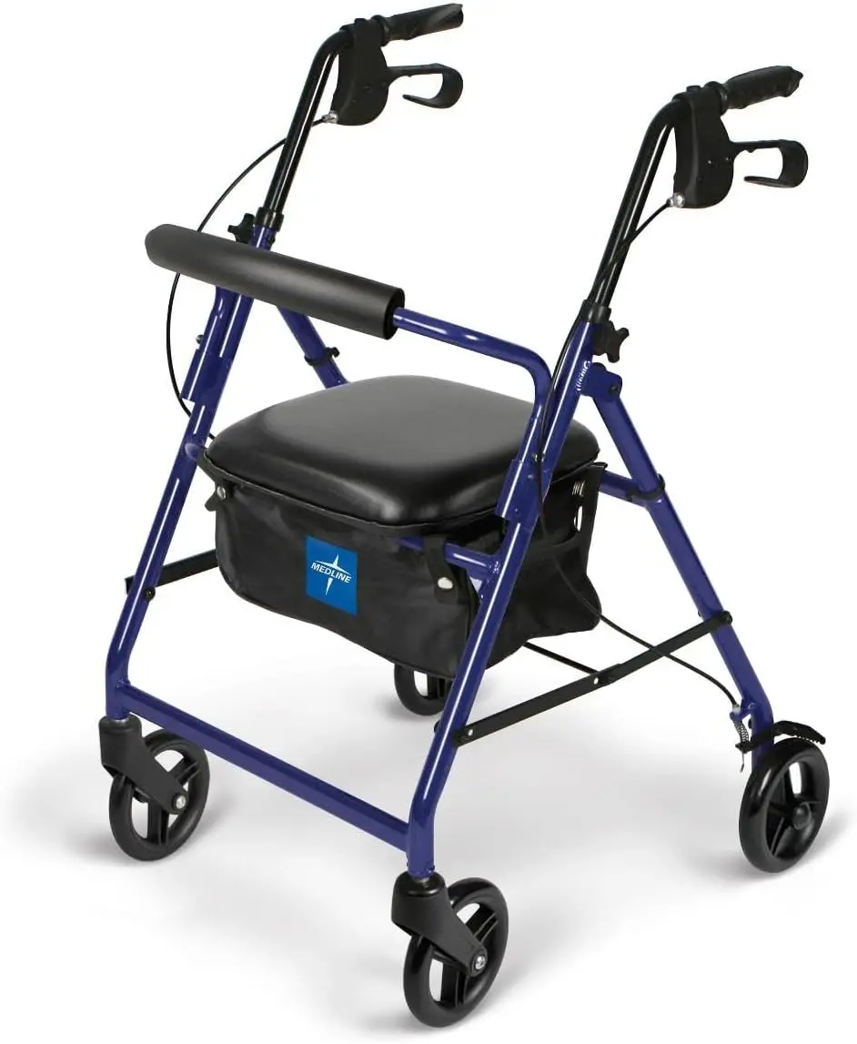 Aluminum Rollator Walker with Seat, Blue, 250 lb Capacity, 6" Wheels, Foldable