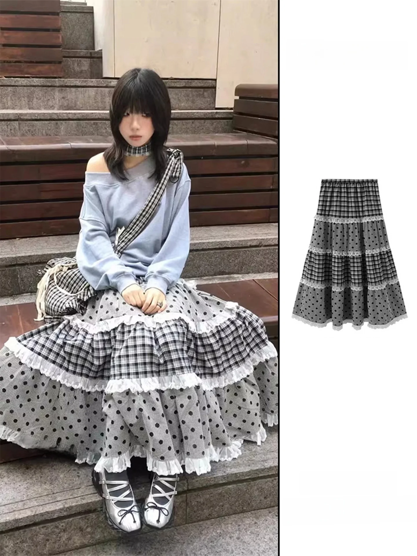 

Japanese Sle Sweet Multi-Layer Ruffle Plaid A-Line Midi Skirt Women's Autumn Winter New Versatile Large Flounce Splicing Skirt