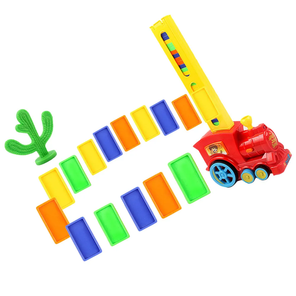 รถไฟโดมิโนไฟฟ้า 120 ชิ้น ชุดของเล่นโดมิโน DIY สำหรับเด็กเล็ก ฝึกสมดุล สีแดง พร้อมแท่นวางอัตโนมัติ สนุกและเสริมพัฒนาการ