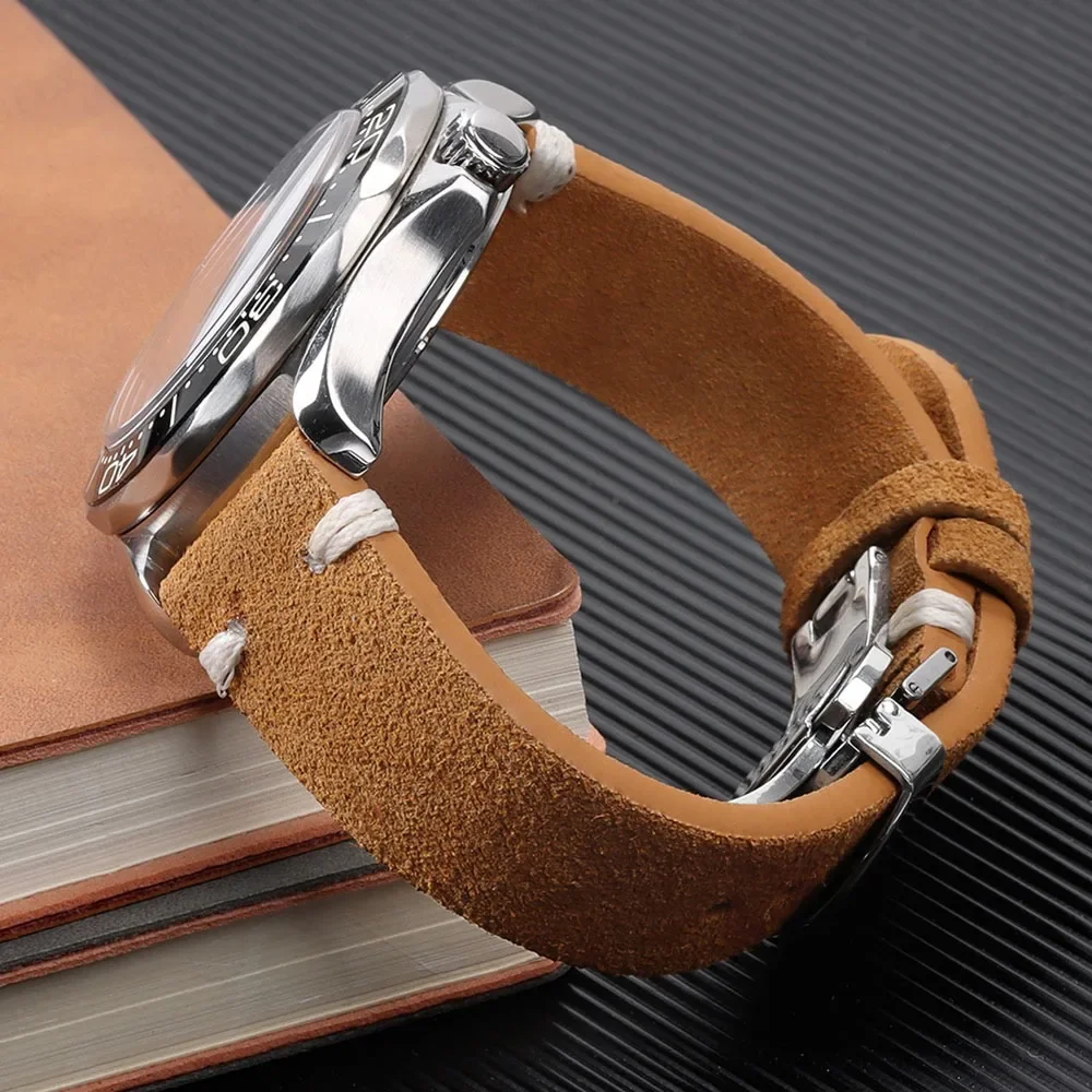 Zamszowy miękki pasek 18mm 20mm 22mm do zegarka Huawei GT3 motylkowa klamra do Seiko Quick Release prawdziwa skórzana bransoletka męska