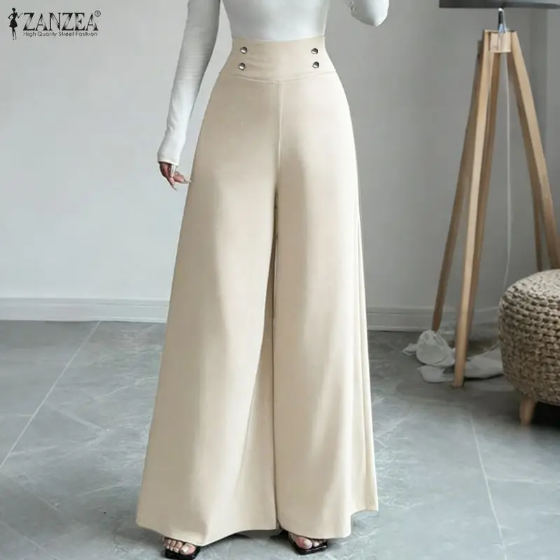 ZANZEA Damen-Hose mit hoher Taille und seitlichem Reißverschluss, weites Bein, elegante, einfarbige, lockere Hose mit flacher Vorderseite, Sommer-Büroarbeitshose für Damen