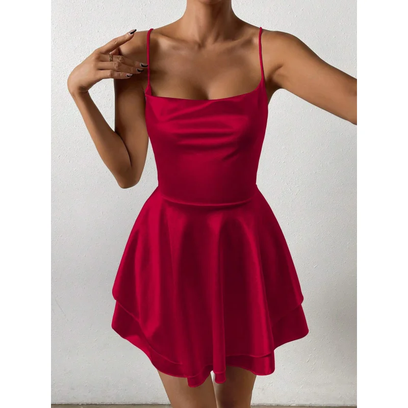 

2025Spring Summer New Women's Sexy Backless Waist-Cinching Satin Mini Ruffle Dress