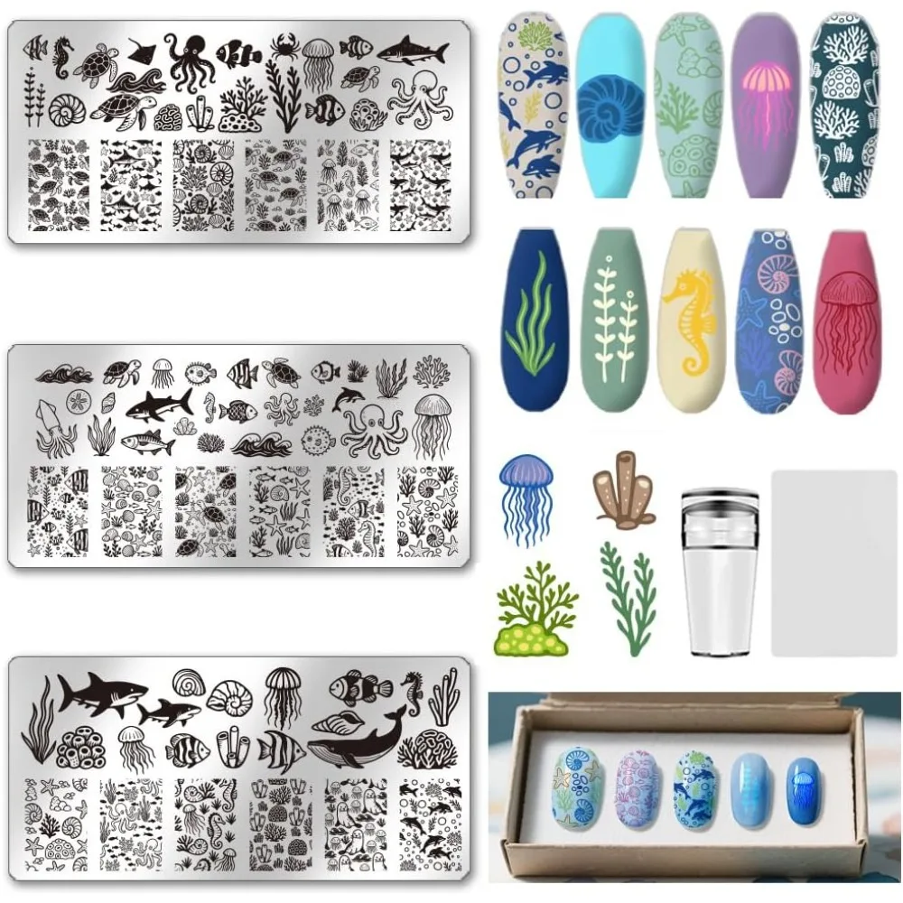Plastic Nail Art Image Templates with Seal Stamp & Scraper with Stainless Steel DIY Nail Art Templates Template Tool