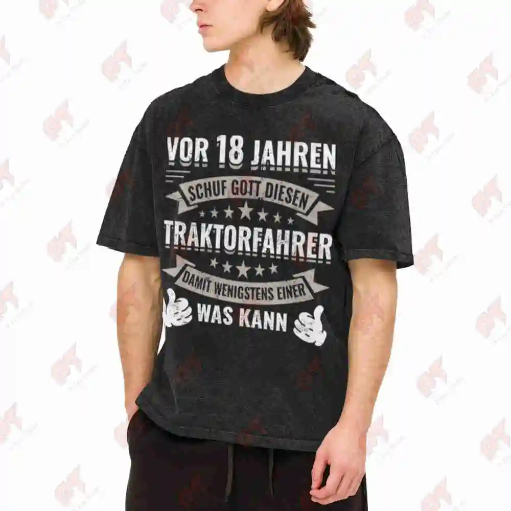 18th Birthday Tractor Driver German Vintage Washed Tee Pure Cotton T-Shirt