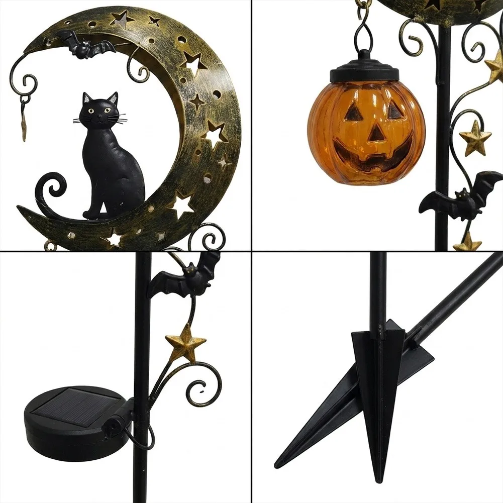 for Solar Powered Halloween for Garden Stake Light Featuring for Black Cat Pumpkin Moon Design for Pathway Lawn Decoration 80cm