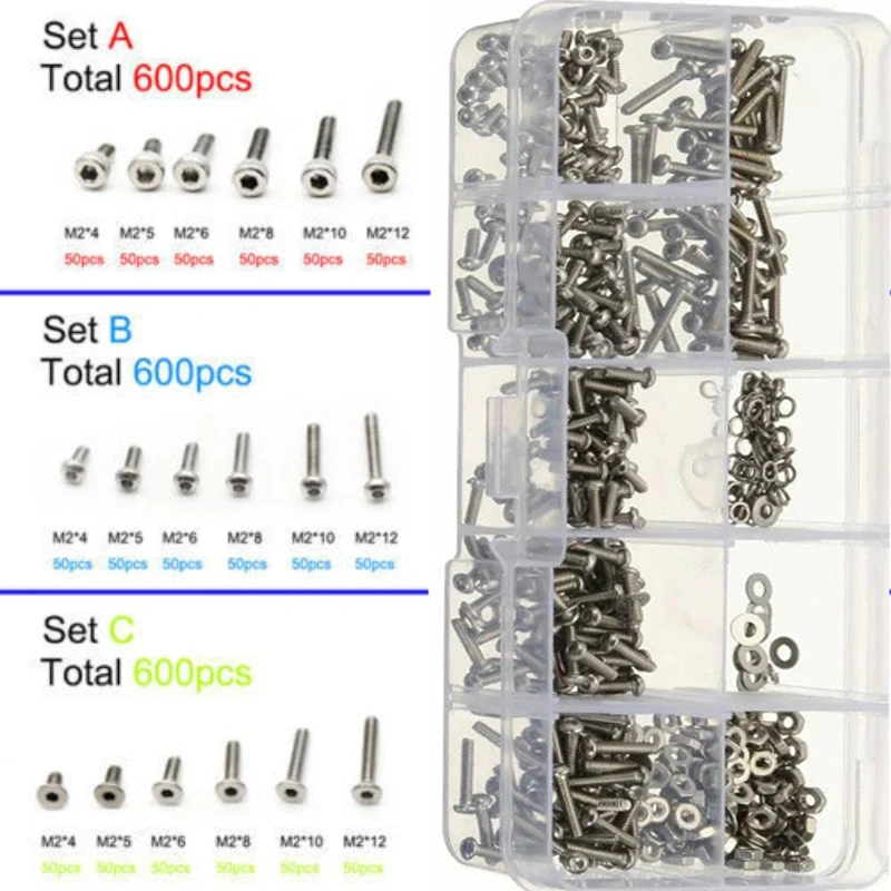 600Pcs M2 304 Stainles Steel Hexagon Socket Head Flat Countersunk Allen Bolt Screws With Hex Nuts Washers Assortment Kit