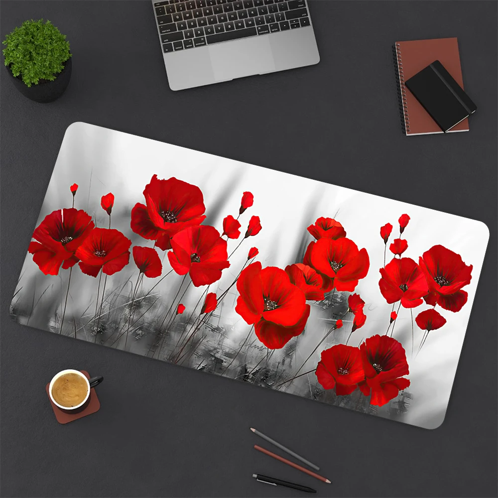 Gaming Mouse Pad, Romantic Poppies and Red Flower Plant Art Print Desk Mat Ultra Thin Non-slip Desk Mat Desk Decoration