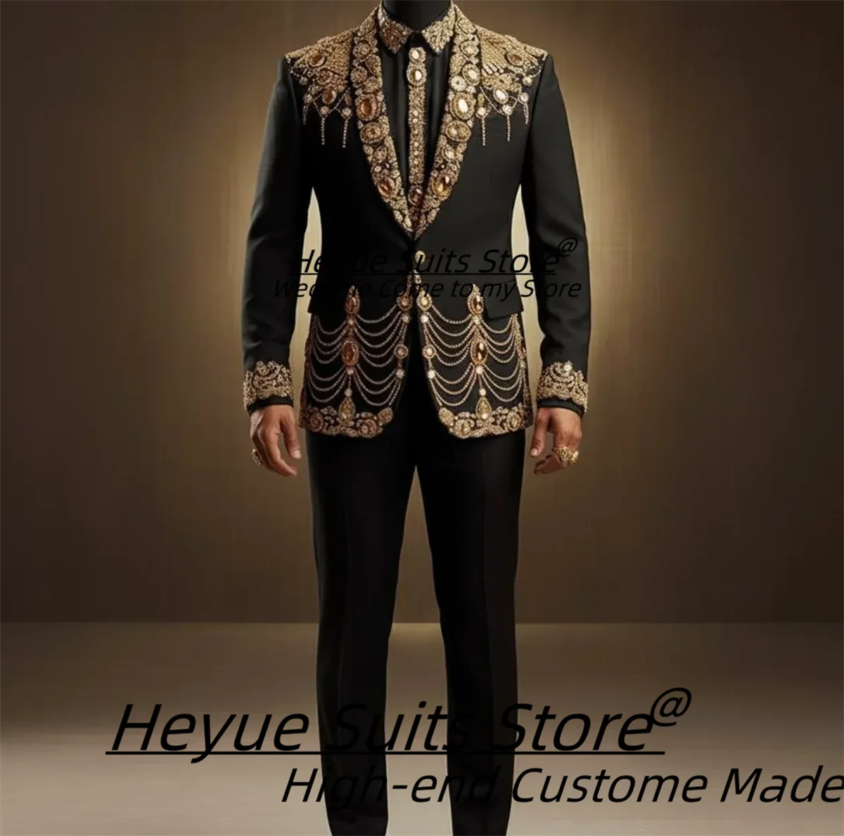 

Роскошный мужской костюм с вышивкой — сценический костюм черного золота | Формальный прикрашенный блейзер с цепочками | Карнавал, Гала, Свадьба