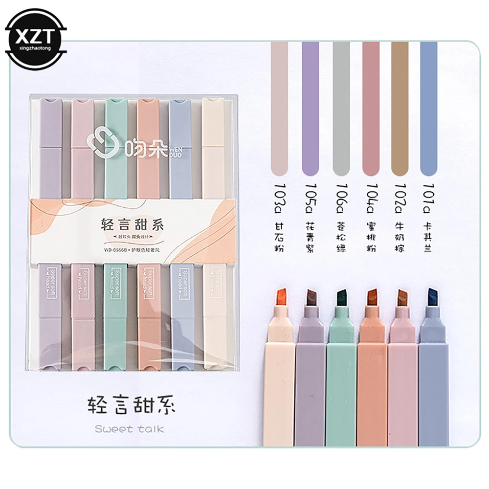 

6PCS Cute Candy Color Double Tip Highlighter Pens Kawaii Highlighter Marker School Supplies Student Marker Textbook Highlighter