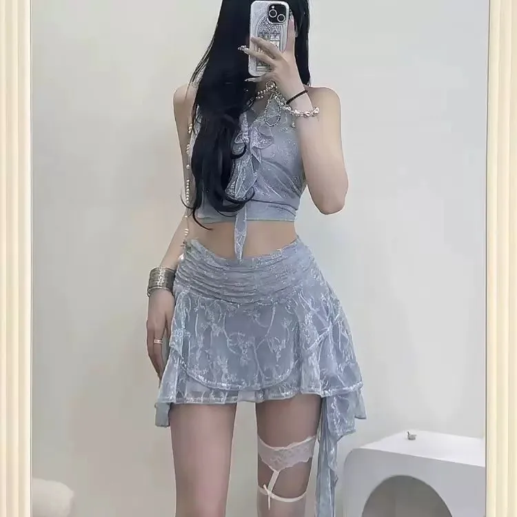Sweet sexy girl sexy dress set women's summer lotus leaf edge off-shoulder top irregular short skirt two-piece set holiday swim
