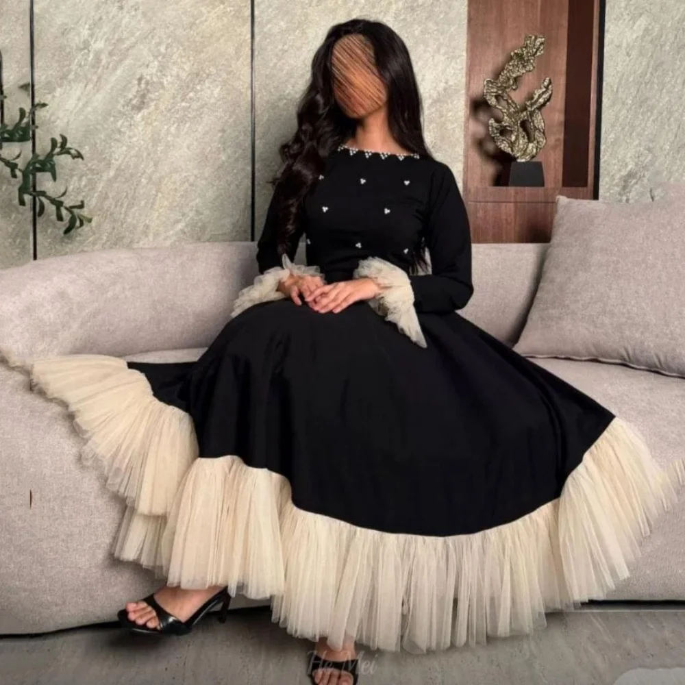 

A Line Customized Elegant Evening Dress Long Sleeve Party Gown Vintage Beading Prom Dresses Contrast Vestido De Novia