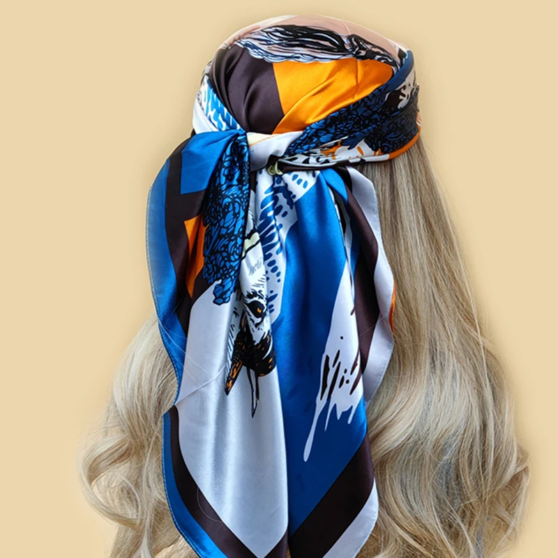 90*90cm Women Scarf Silk Feeling Hair Neck Square Brand Office bandanna muffler Waiter Flight Attendants Handkerchief Rings wrap