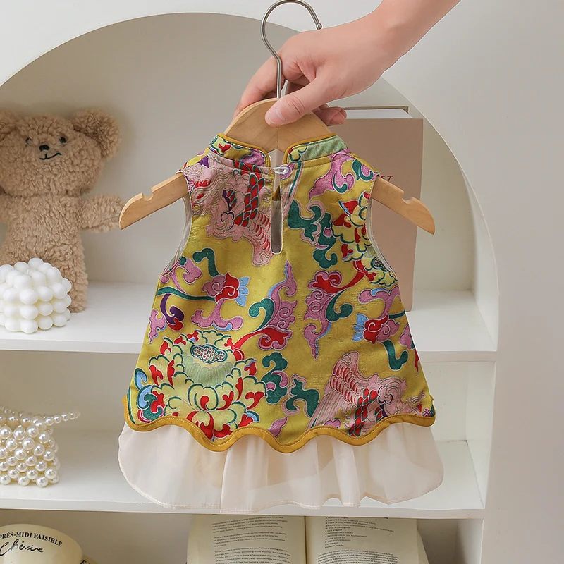 2026 Summer New Fashion0-1 Years Baby Romper Dress Chinese Infant Brief Patchwork Outfit Girls Vintage Sleeveless Princess Dress
