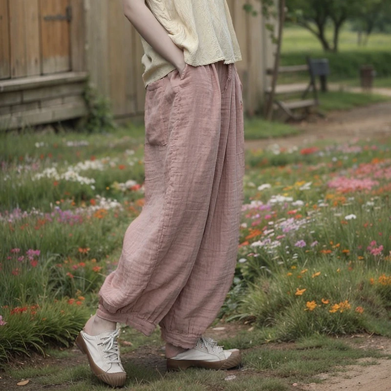 

100% Cotton Women Casual Harem Pants New Arrival 2025 Spring Vintage Style Plain Color Loose Female Ankle-length Pants M1240
