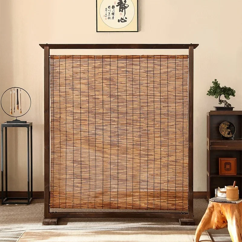 New Chinese style solid wood reed screen partition entrance living room tea room hotel hotel zen retro screen seat screen