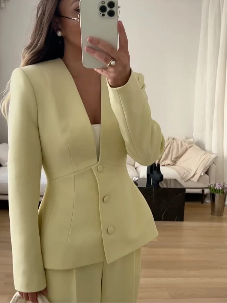 

Elegant Yellow Cinched Waist Blazer Suit Women Chic Full Sleeve Single Breasted V-neck Wide Leg Pants Set Office Commute Outfits