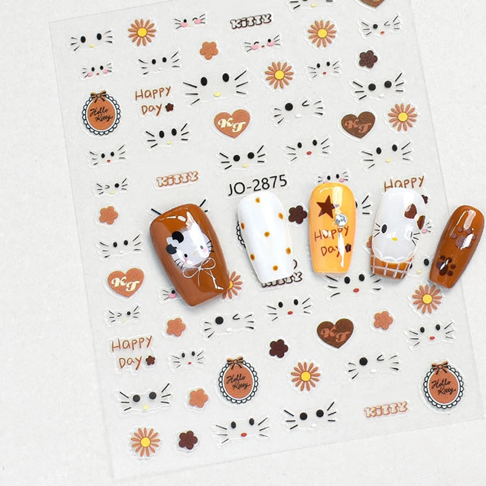 3D Cute Hello Kitty Art Nail Decals Y2K Autumn/Winter Brown KT Cat/pentagram Heart/Daisy Design Nails Stickers DIY Manicure Deco