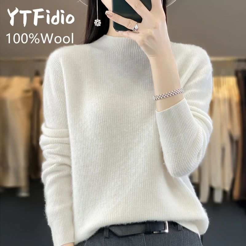 

YTFidio 100% Wool Women Half High Collar Solid Slim Tops Outerwears Knitted Pullover Office Lady Solid Elastic Pullover 90