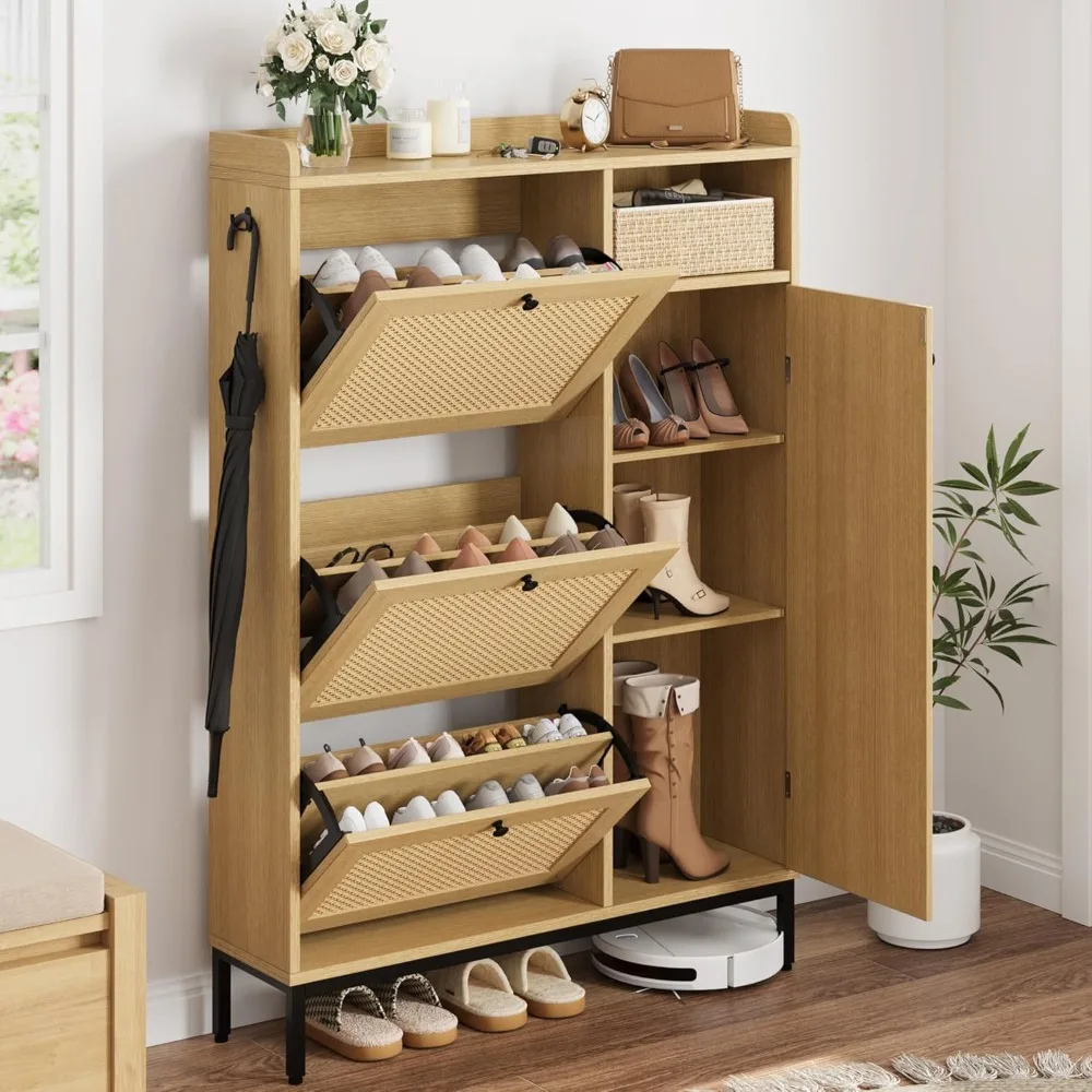 

Shoe Cabinet Rattan with Flip Drawer, Freestand Shoe Organiz with Adjustable Shelves for Entryway Closet Hallway, Shoe Cabinets