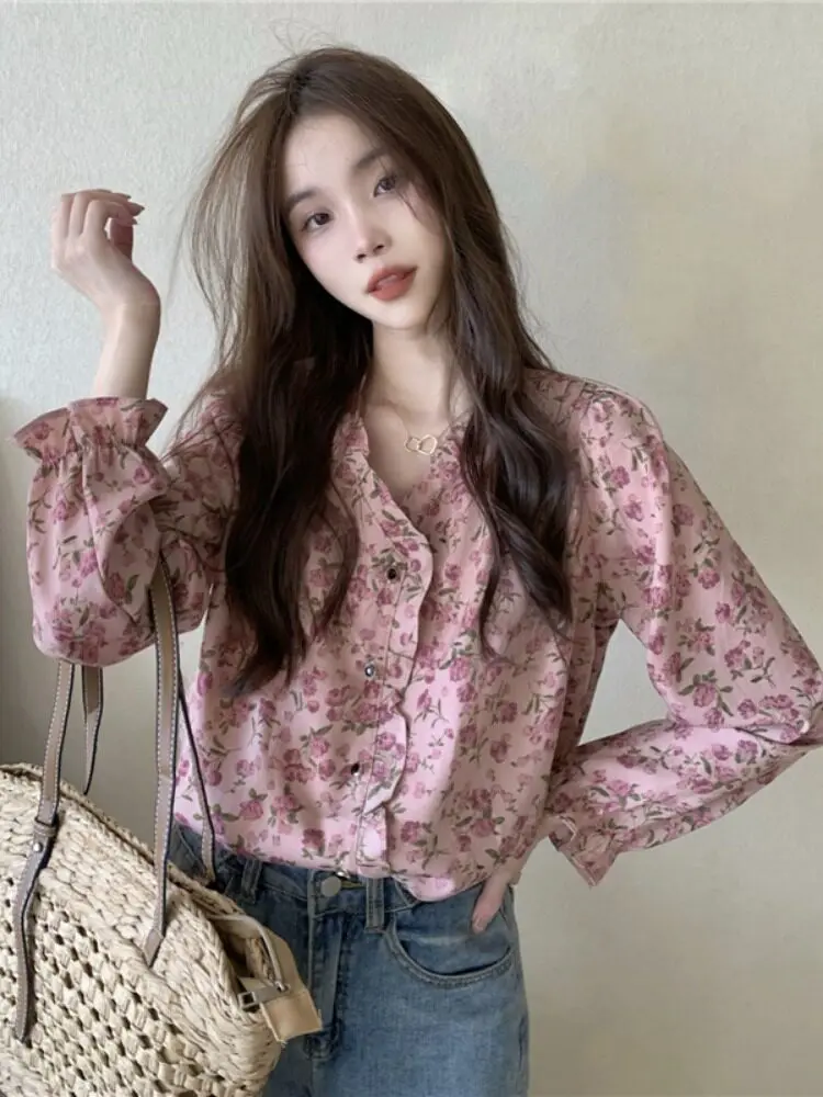 

Retro Floral Long Sleeve V-Neck Women's Shirt Elegant Personality Korean Style Loose Fit Breathable Comfortable Spring New Ar...