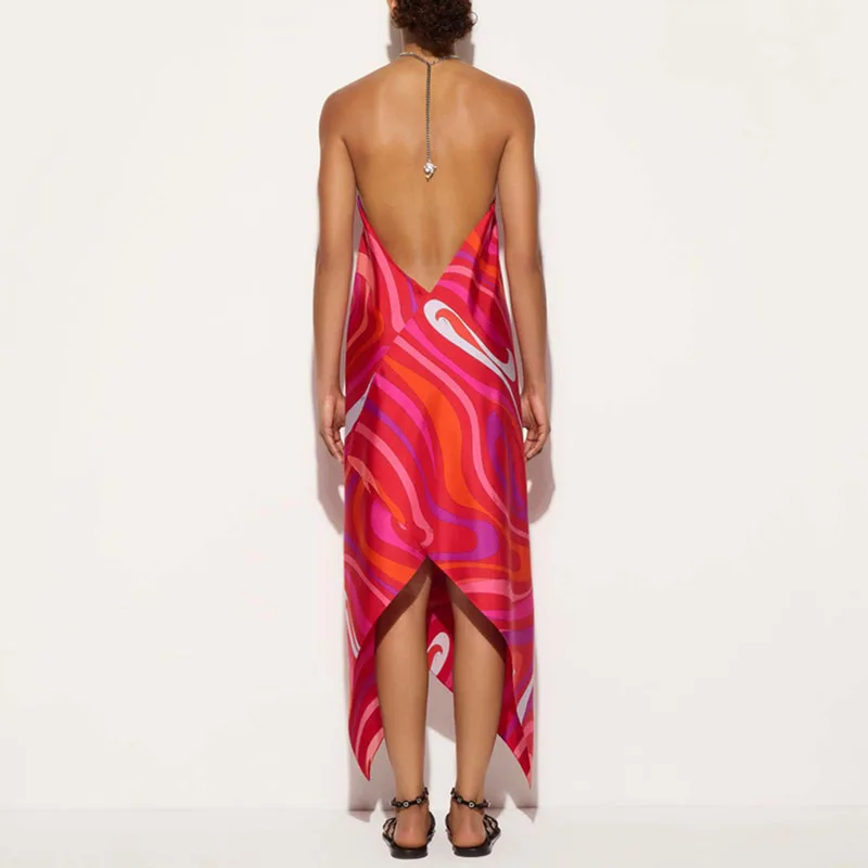 Robe longue en Satin pour femmes, Sexy, dos nu, creuse, irrégulière, élégante, imprimée, sans manches, col licou, ligne a, robes de plage, vacances, été