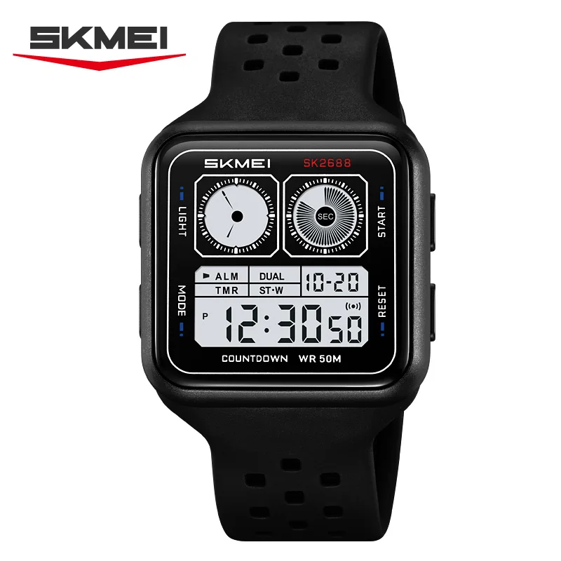 SKMEI 2688 New Fashion Sports Square Digital Watch Waterproof Multi Functional Countdown Men's Electronic Watch Reloj Hombre