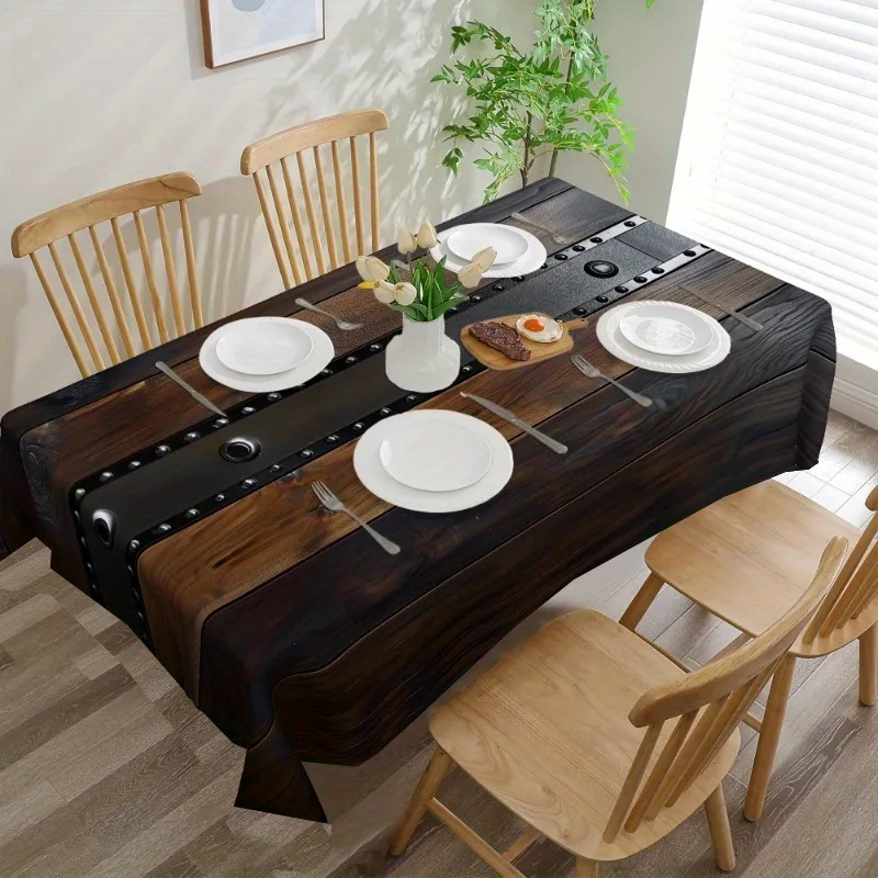 1pc Retro Wood Grain Tablecloth - Rectangular - Dark Brown Wood Grain Design - Suitable for All Seasons