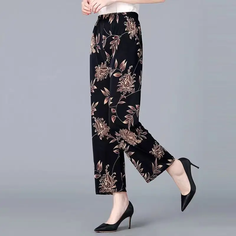 Women's Clothing Vintage Floral Printed Capris Casual Loose Straight Fashion High Waist Elastic 2023 Spring Summer Cropped Pants