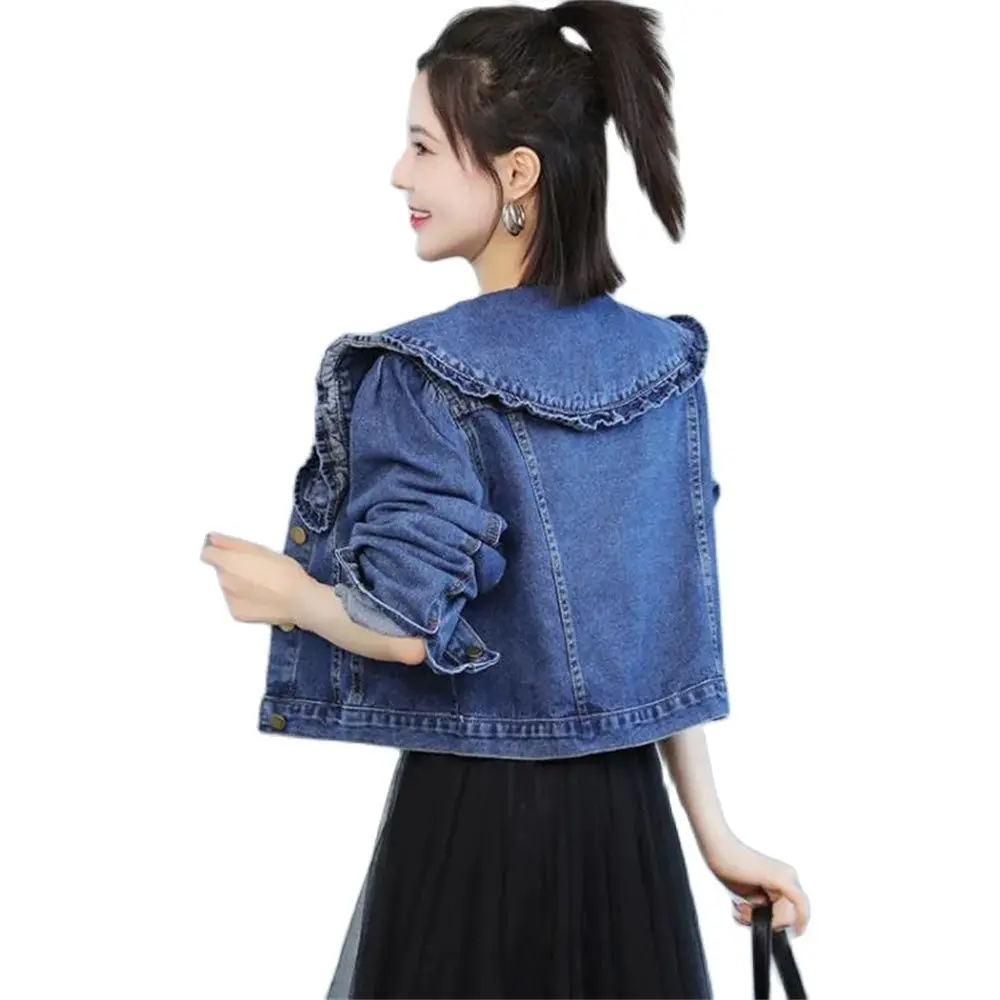 Vintage Crop Denim Jacket Women Sweet Korean Coat Peter Pan Collar Button Jeans Tops Female Casual Long Sleeves Loose Outwear