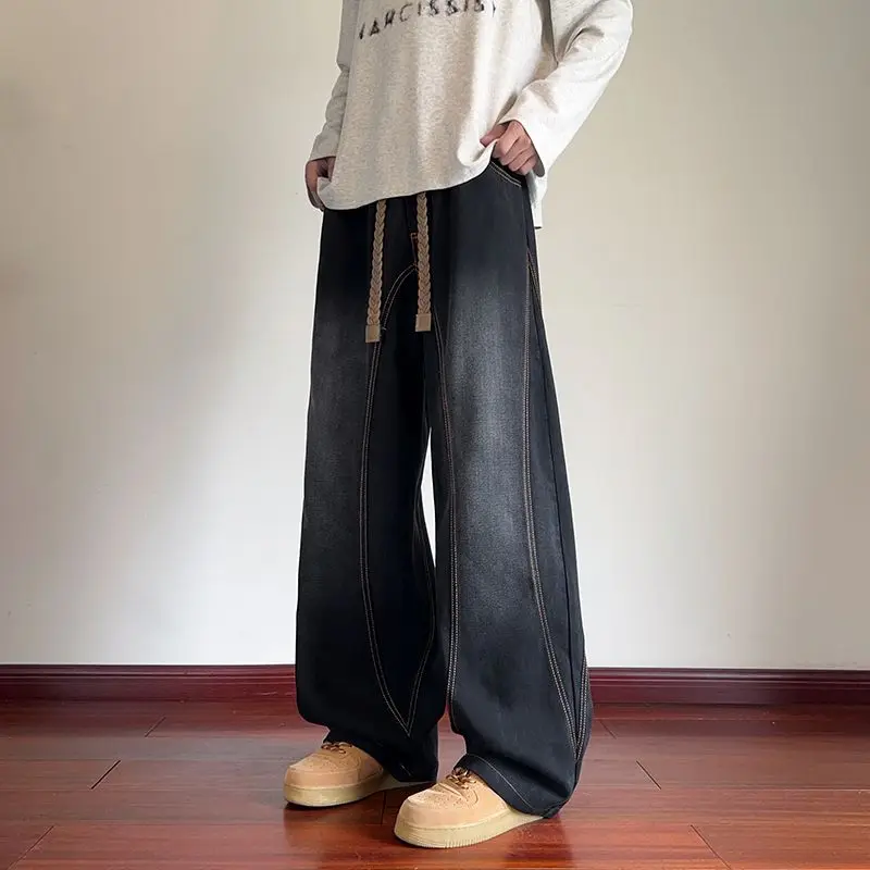 

Мужские модные джинсы в стиле ретро больших размеров, весенне-осенний стиль, свободные потертые повседневные прямые брюки с завязками