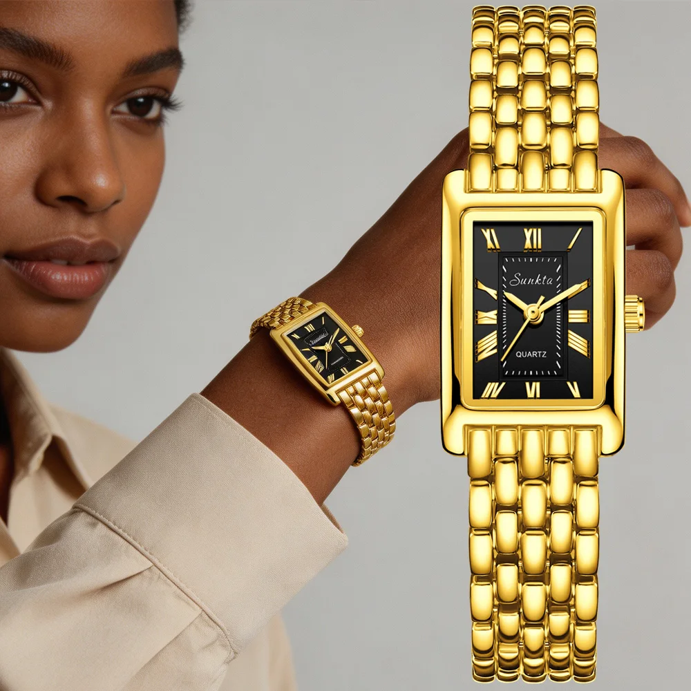 SUNKTA Fashion Women Quartz Watch Luxury Ultra Thin Analog Wristwatches Reloj Mujer Girls Rectangle Clock GiftWith Gift Box