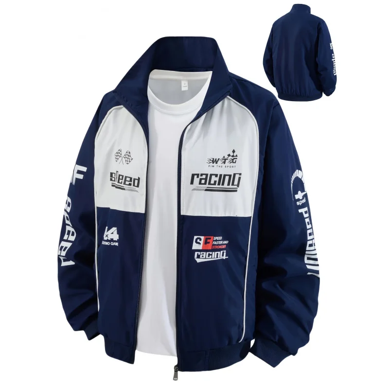 

Men's Casual Sports Bomber Jacket - Polyester Fiber，Zipper Closure，Stand Collar，Long Sleeve with Letter Print